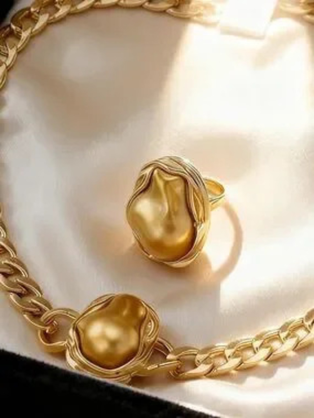 Anthropologie Gold Color Organic Pearl-Style Necklace and Ring Set
